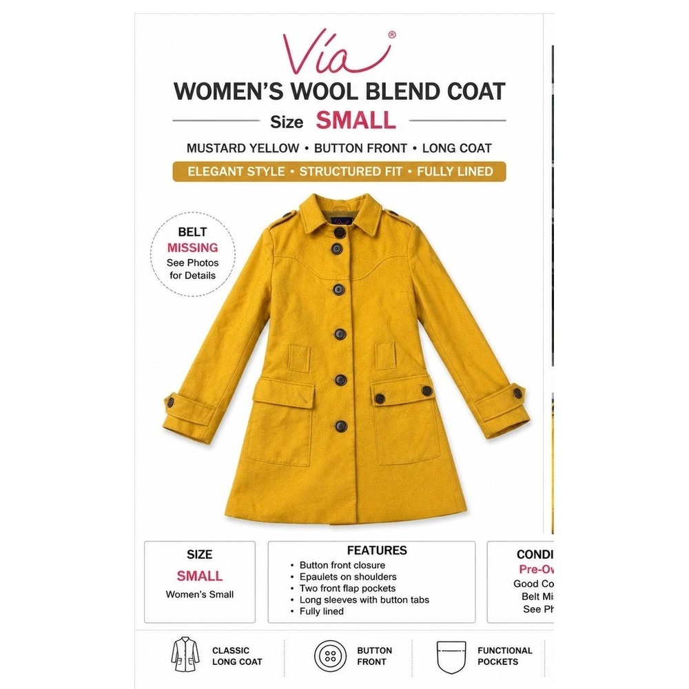 Via Women Mustard Yellow Wool Blend Button Front Long Coat Size‎ Small Epaulets